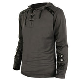 Middle Ages Patchwork Leather Tie Long Sleeve Slim Tie Adult Cosplay Hooded Sweatshirt Men Casual Pullover Hoodie